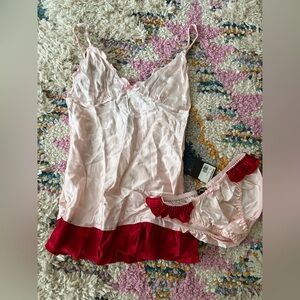Elegantly scant Pink and Red Chemise with Lace Details ruffle top bottom silk